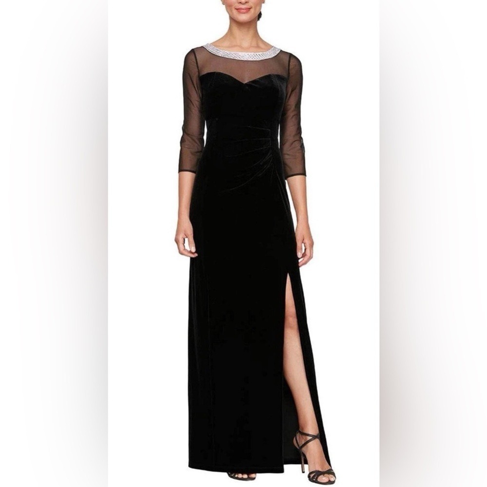 Alex Evenings Women's Black Velvet Mesh Illusion Sleeves & Side Ruching, 10P